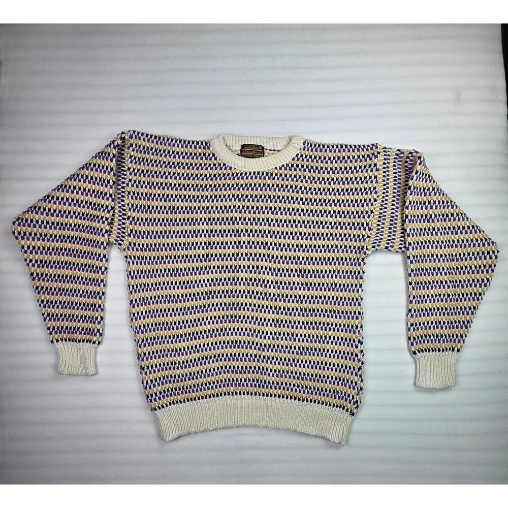 Vintage Eddie Bauer Mens Large Cotton Knit Sweater Multi-Color Crewneck Purple